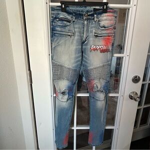 Rockstar Men's Blue and Red Skinny Jeans 32x32